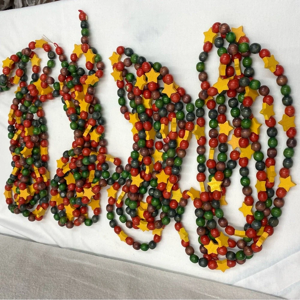 Festive Holiday Star Bead Garland set of 4 wooden bead a Little Over 9 feet each